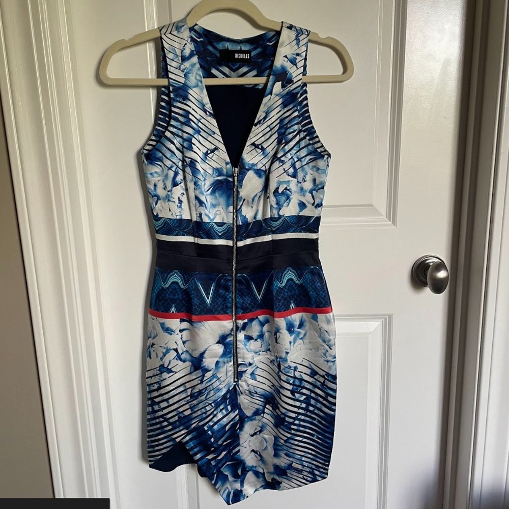 Nicholas Blue White Patterned Scuba Dress US 2 XS